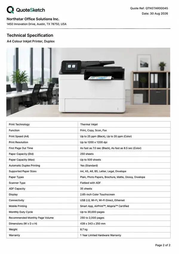 An additional page with a product photograph and a specification table.