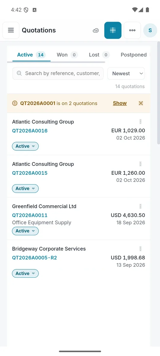 The quotations list in the Android app, with Active, Won, Lost and Postponed tabs and a status on each quotation.