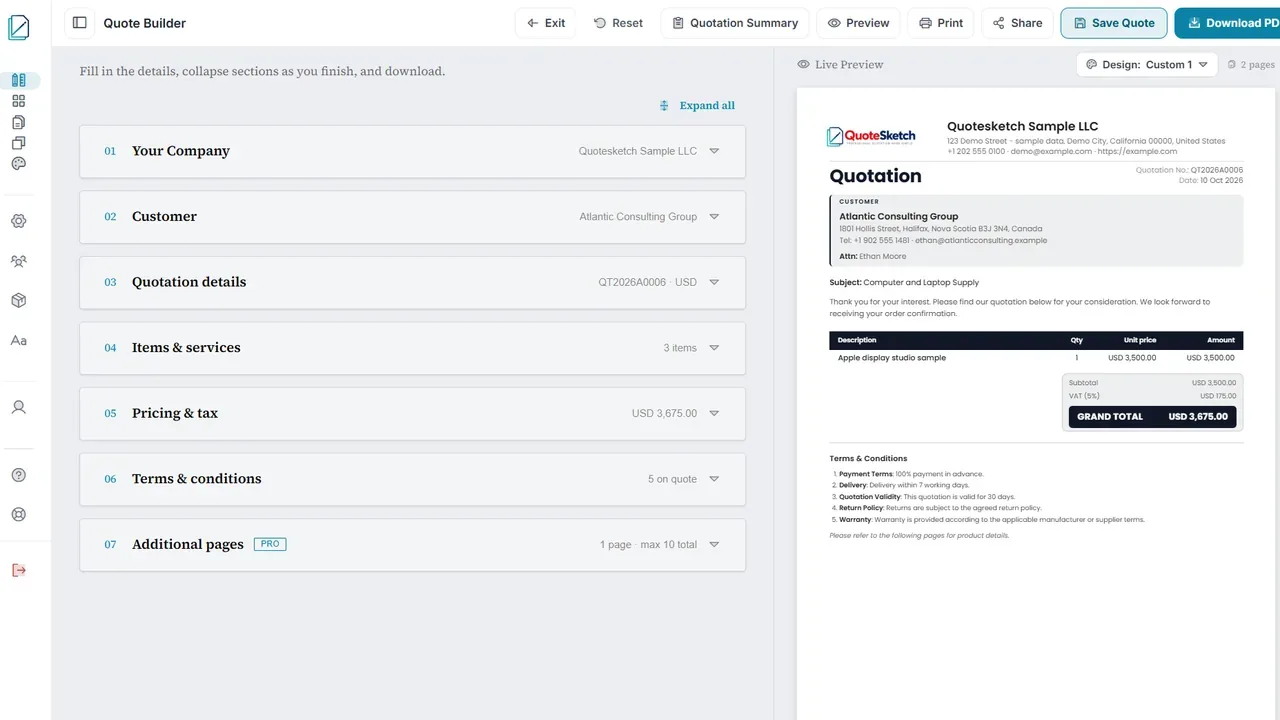 The Quote Builder: the numbered form on the left and the live preview of the A4 quotation on the right.