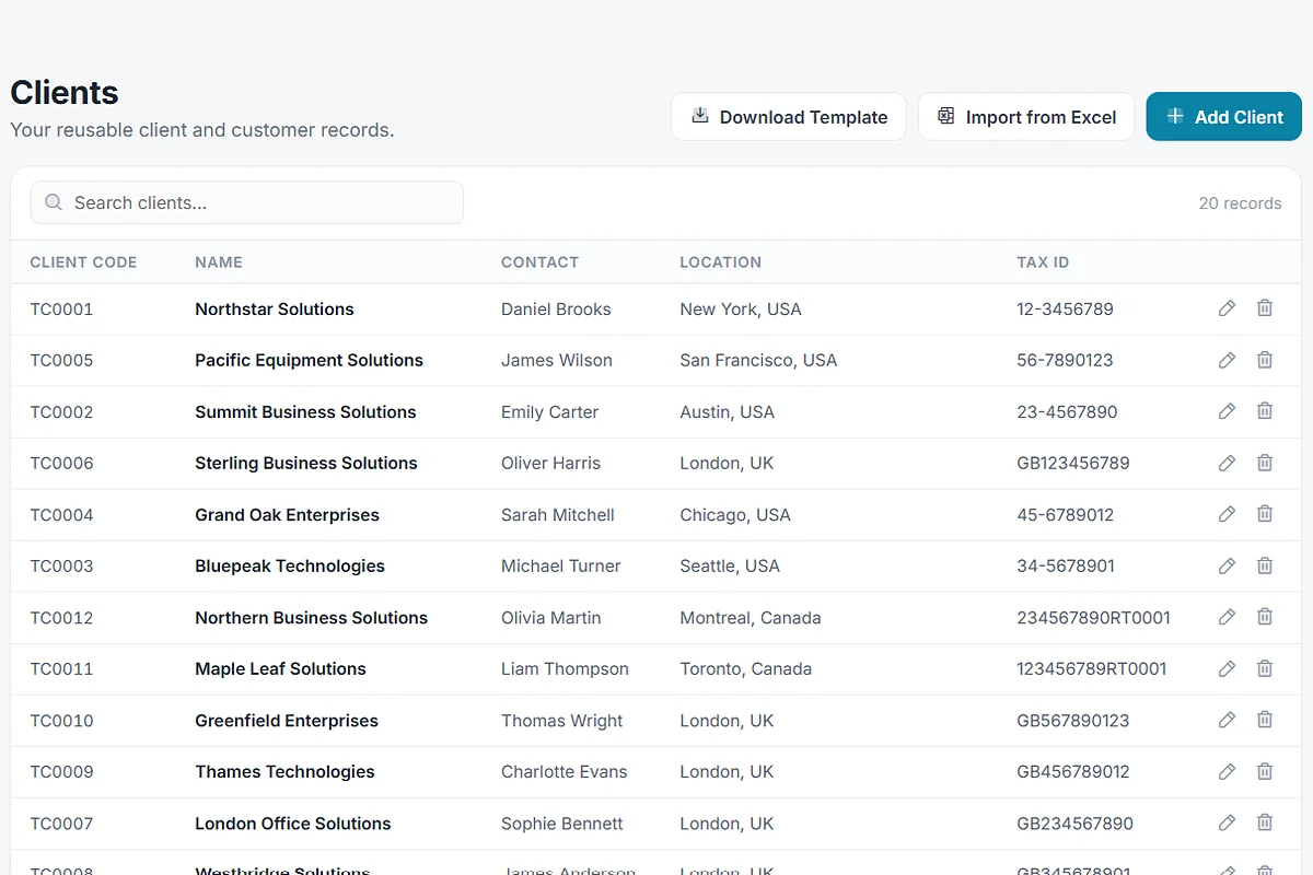 The Clients page on the web: a searchable table of saved clients with contact, location and tax ID, and buttons to download the template, import from Excel or add a client.