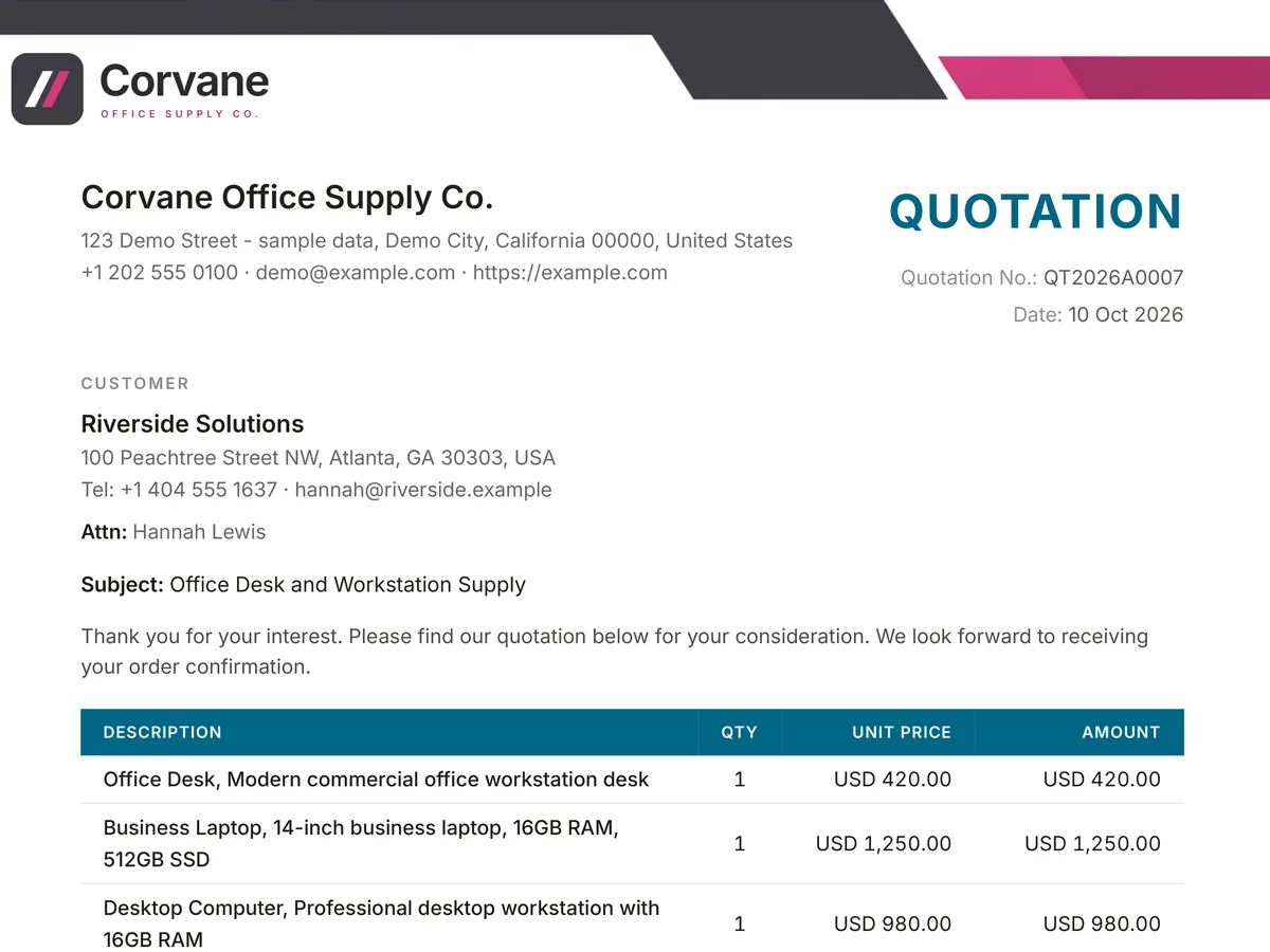 The top of a quotation with a full width letterhead: the logo on a dark and pink band across the page, then the company details, the customer and the item table.
