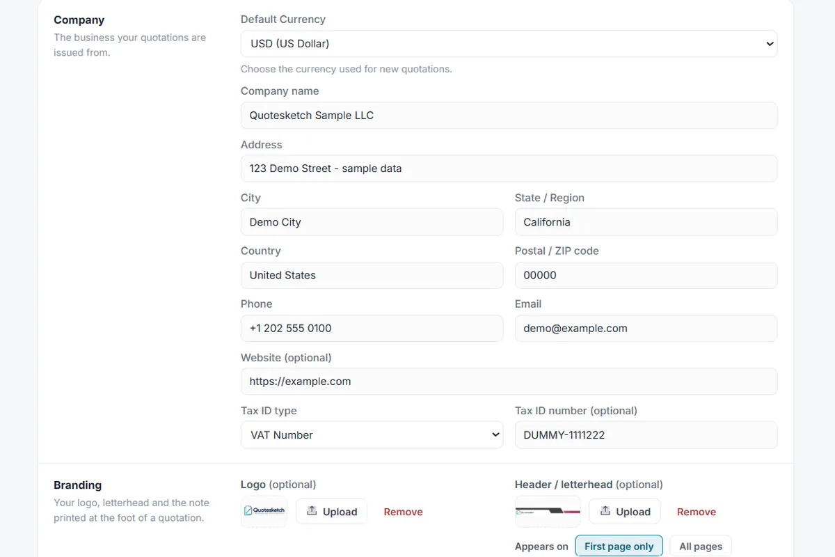 Quotation settings: the Company section with currency, company name, address, phone, email and tax ID, and a logo and a letterhead uploaded under Branding.