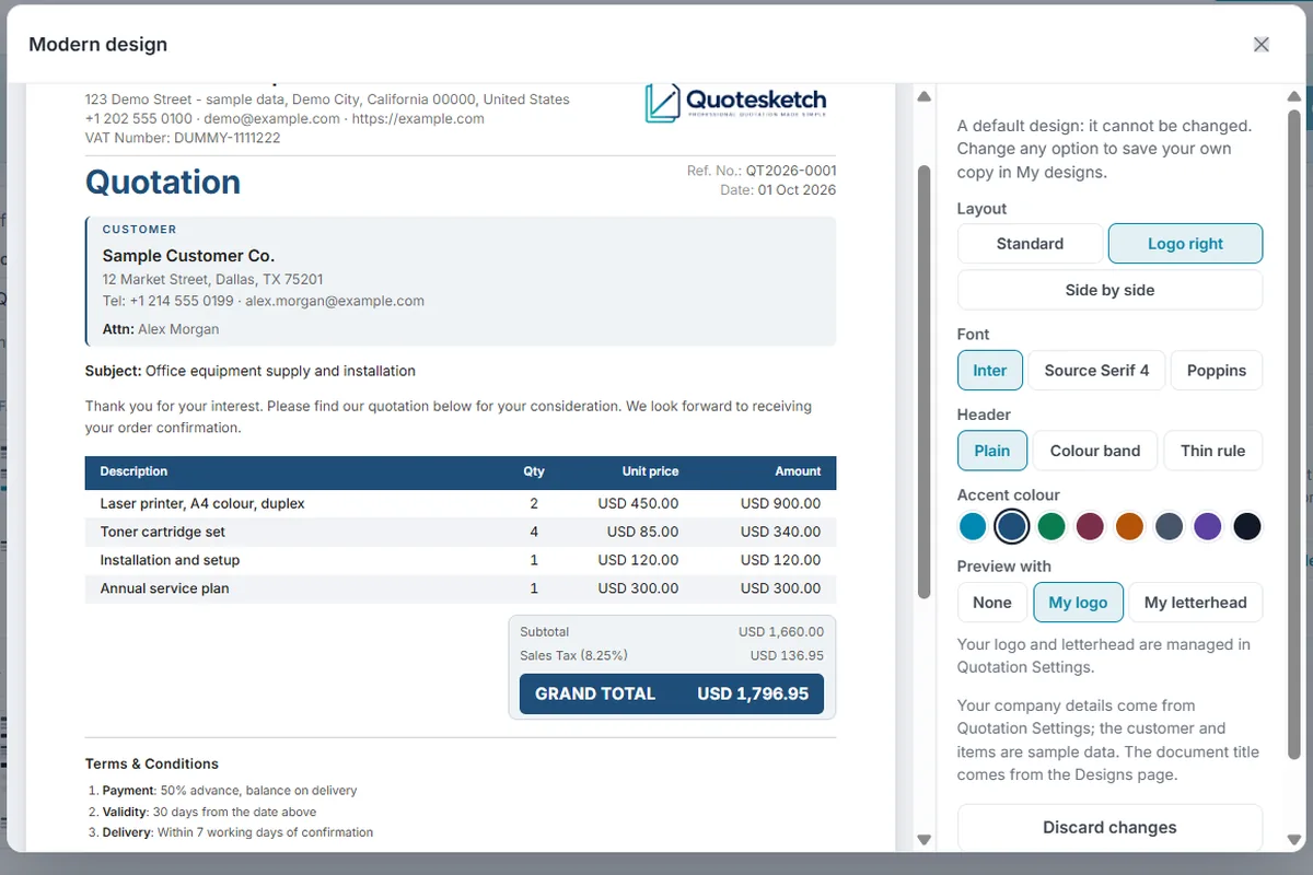 The design editor: a live preview of the quotation beside the options for layout, font, header, accent colour and previewing with your logo or letterhead.