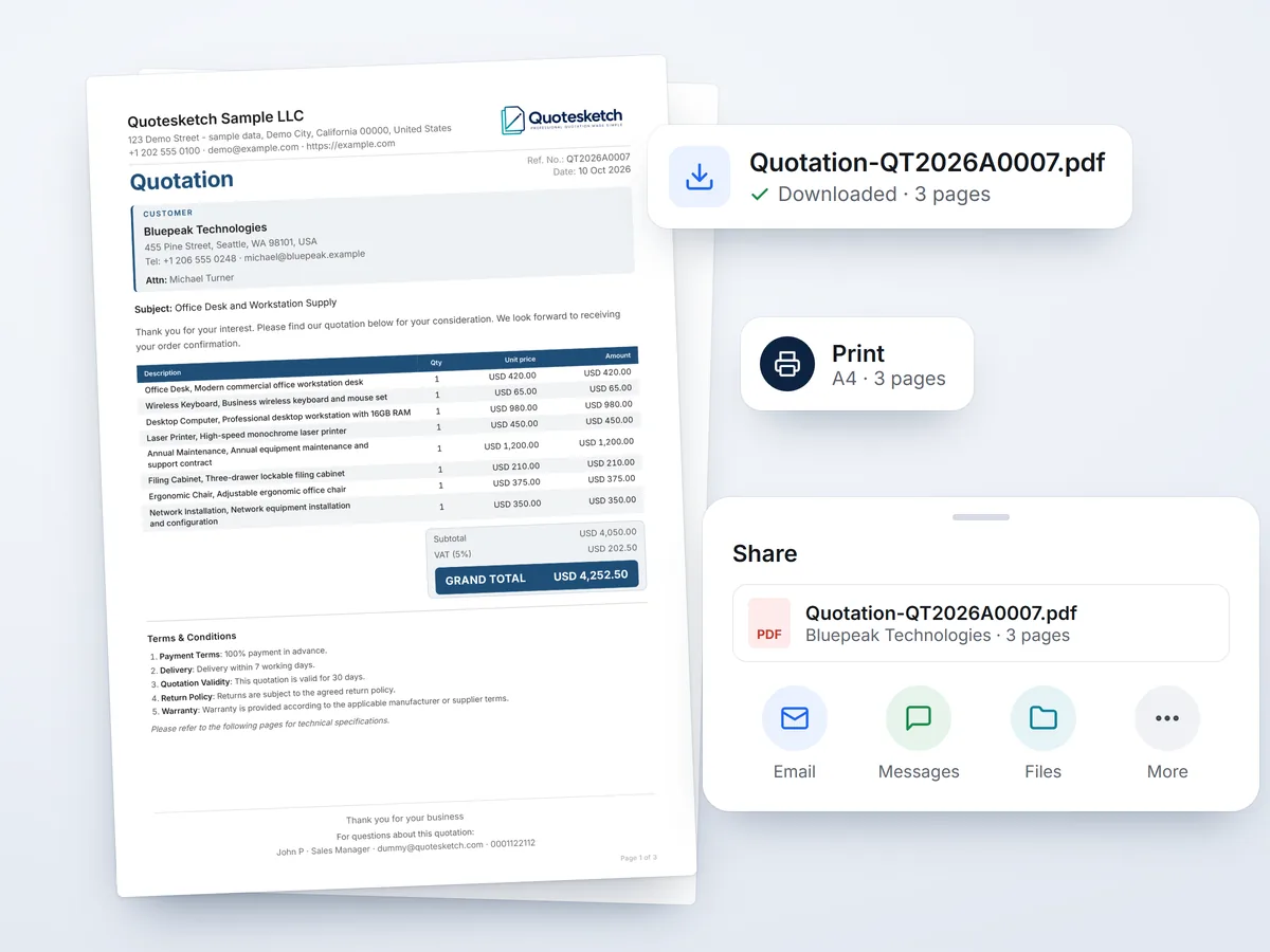 The first page of a finished quotation PDF, with a Downloaded file chip, a Print button for A4 and a Share sheet offering Email, Messages, Files and More.