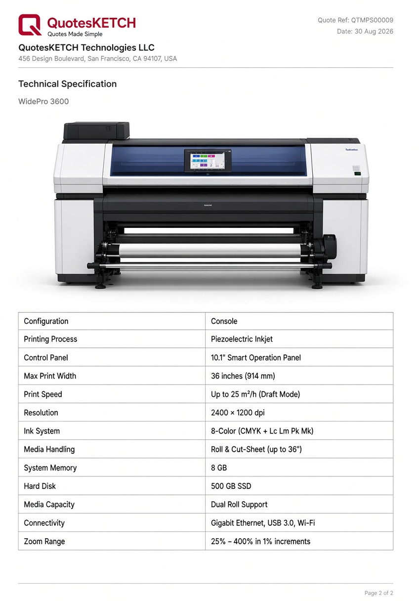A second additional page, this one for a wide format printer, carrying its own product photograph above a table of print width, resolution, ink system and media handling.