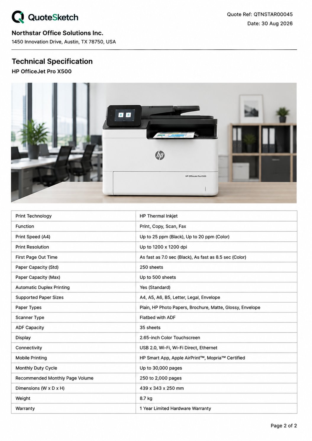 An additional page from a quotation: a technical specification for an office printer, with the supplier's letterhead, the quotation reference, a product photograph and a table of print speed, capacity, connectivity and warranty.
