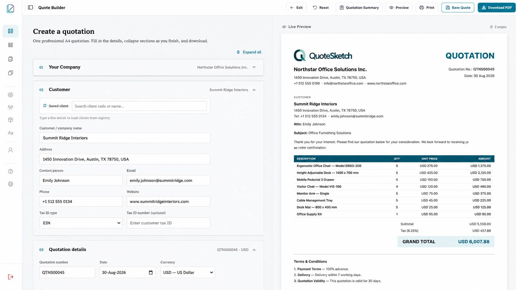 The QuoteSketch Quote Builder. On the left, the numbered form: Your Company, Customer with a saved client search and the customer's details filled in, and Quotation details with the reference, date and currency. On the right, the live preview of the finished A4 quotation, showing the letterhead, the customer block, the priced item table and the grand total.